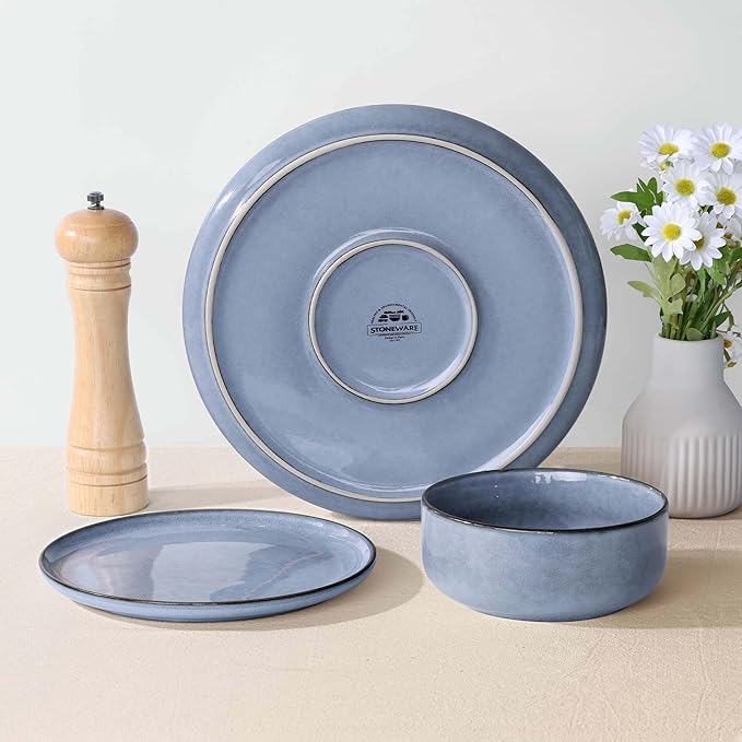 Herogo 18-Piece Stoneware Dinnerware Sets for 6, Stackable Dinner Plates and Bowls Sets, Double Reactive Glaze Dishware Place Setting for Kitchen, Scratch Resistant, Microwave Safe, Haze Blue