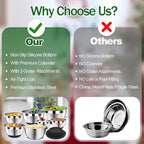 Mixing Bowls with Lids Set - 16pcs Stainless Steel Mixing Bowl Set with Colander, 3 Grater Attachments, Non-Slip Bottom, Metal Nesting Bowls with Strainer for Mixing & Serving - Black