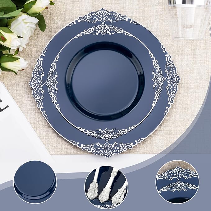 Bestluck 175PCS Navy Blue Plates for 25 Guests, Disposable Dinnerware Sets Include 50 Plastic Plates, 25 Silverwares, 25 Cups, and 25 Pre Rolled Napkins for Party, Wedding and Graduation