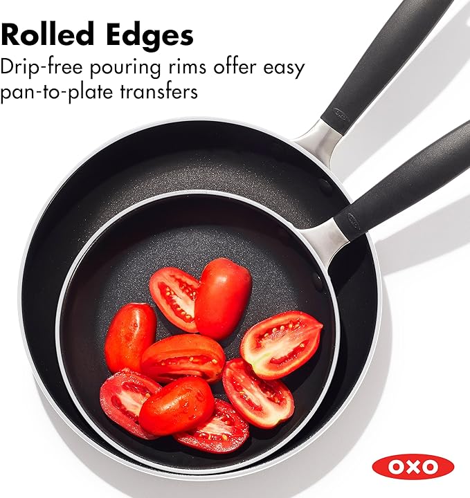 OXO Non-Stick Every Day Frying Pan Set, BPA-Free Comfort Grip Silicone Handles, Dishwasher & Oven Safe, PFAS-Free Ceramic Skillets, Black, 8” & 10”