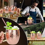 Amrules Moscow Mule Mugs Set of 4, 16 OZ Hammered Copper Cups with 304 Stainless Steel Lining and Gold Brass Handles, Includes Straws, Opener, Jigger, Brush, Fit for Cold Drinks, Bars, Parties