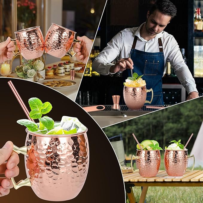 Amrules Moscow Mule Mugs Set of 4, 16 OZ Hammered Copper Cups with 304 Stainless Steel Lining and Gold Brass Handles, Includes Straws, Opener, Jigger, Brush, Fit for Cold Drinks, Bars, Parties