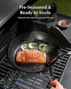 Carbon Steel Pan, 12 Inch Nonstick Frying Pan Skillet, Pre-Seasoned Carbon Steel Cookware with Removable Silicone Handle Holder, Indoor/Outdoor, Induction & Oven Safe