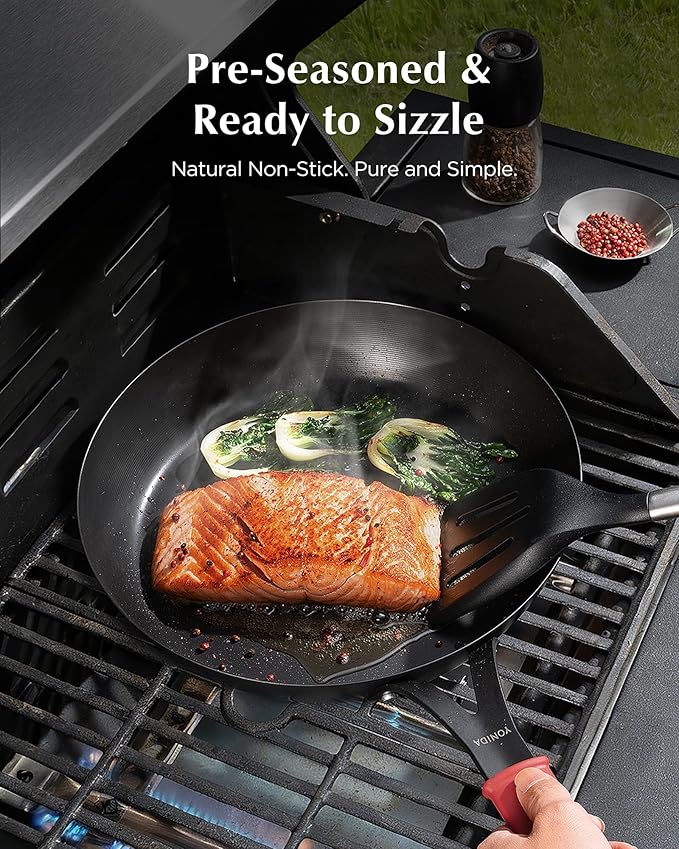 Carbon Steel Pan, 10 Inch Nonstick Frying Pan Skillet, Pre-Seasoned Carbon Steel Cookware with Removable Silicone Handle Holder, Indoor/Outdoor, Induction & Oven Safe
