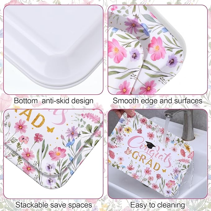 Vesici 3 Pcs Wildflower Graduation Serving Trays 13 x 10 Inch Pink Floral Class of 2026 Congrats Grad Melamine Platters Reusable Rectangular Serving Dishes for Graduate Party Snack Fruit Dessert Candy
