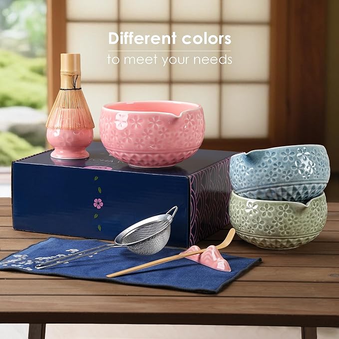 7Pcs Matcha Whisk Set, Matcha Set Whisk and Bowl,Bamboo Scoop, Scoop Rest, Sifter and Tea Towel, Matcha Kit W/Carved Cherry Blossm Pattern for Matcha Lovers (Sakura Blue)