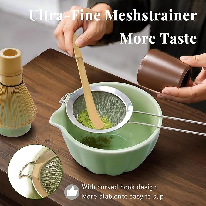 Matcha Whisk Set,7 PCS Ceramic Matcha Kit Includes Matcha Bowl with Spout, Matcha Whisk and Holder, Bamboo Scoop, Stainless Sifter, Tea Towel, Unique Gift for Matcha Lovers (Green)
