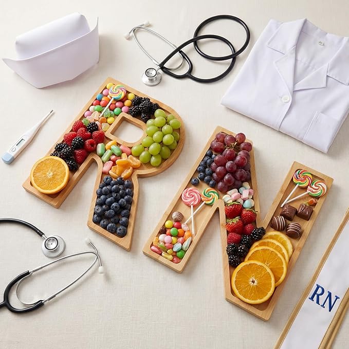 Bucherry 2 Pcs RN Graduation Party Decoration 10'' Nursing Wooden Food Tray RN Letters Charcuterie Board Candy Cake Dessert Wood Serving Platter for Class of 2026 Congrats Grad Table Centerpiece Decor