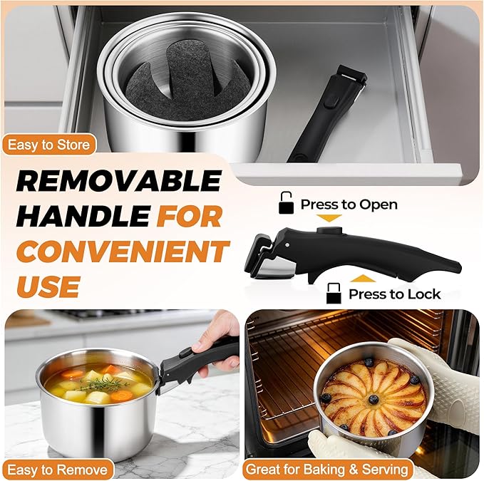 P&P CHEF Tri-Ply Stainless Steel Cookware Set of 3 with Removable Handle, 9-Pieces Pots and Pans Set, Induction 2Qt Saucepan, 3Qt Small Pot & 4Qt Cooking Pot, Oven & RV Safe to 500℉, Dishwasher Safe