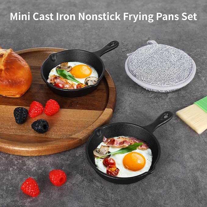 OMISTAR 20 Pack 4 inch Cast Iron Skillet, Mini Nonstick Frying Pan with Oil Brush and Sponge, Single Serve Egg Pan Long Handle Omelet Pan, Grill Safe