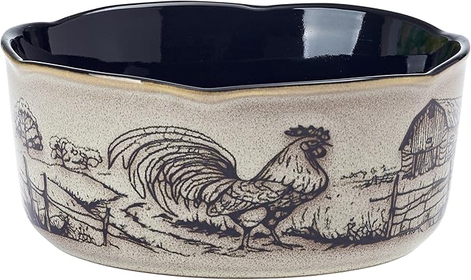 Pfaltzgraff Farmyard Rooster 12 Piece Farmhouse Style Dinnerware Set, Service for 4, Plate Bowl with High Rims, Rustic Design, Brown Black