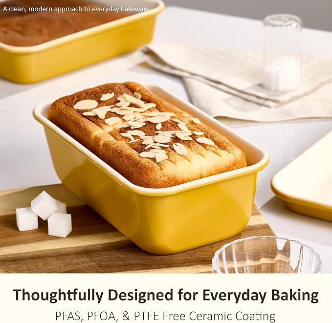 CAROTE 6-Piece Nonstick Ceramic Baking Pans Set - Bakeware Sets Including Cookie Sheets for Baking, Muffin Pan, Bread Pan, Cake pan, Loaf Pan, Cooling Rack, Mustard Yellow & Cream White
