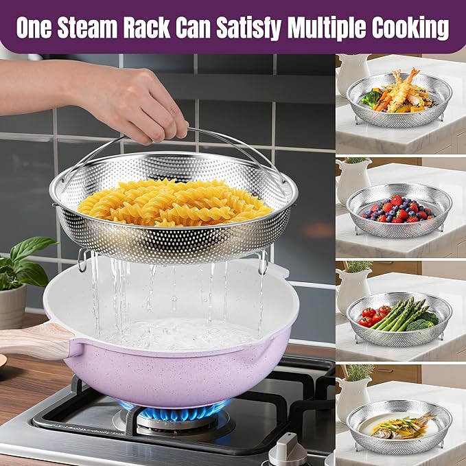 AOSION 12 Inch Nonstick Ceramic Deep Frying Pan Skille with Lid,5.5QT Sauté Pan for Cooking with Steam Rack,Healthy Large Skillet,Stay Cool Handle, Induction Compatible, PFOA & PFAS Free. (PURPLE)