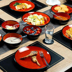 TP 18-Piece Dinnerware Set, Melamine Dishes Set with Bowls and Plates, Service for 6, Non-breakable Lightweight Dining Tableware, Black and Red