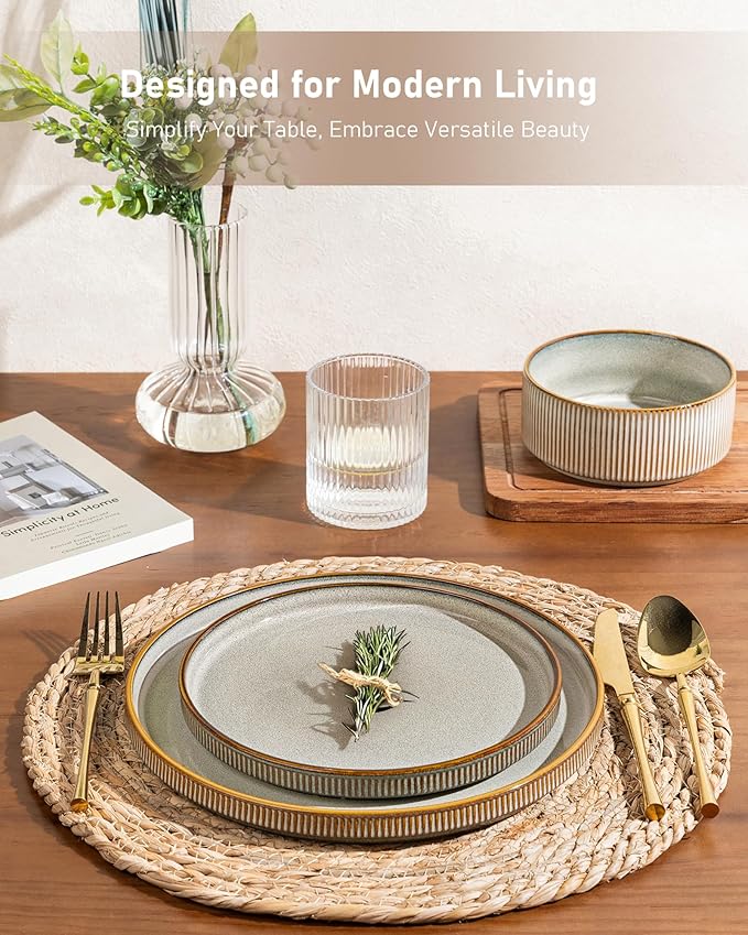 GBHOME 18-Piece Stoneware Dinnerware Set for 6 – Ribbed Ceramic Plates and Bowls, Scratch-Resistant, Microwave & Dishwasher Safe, Reactive Glaze, Celadon Mist