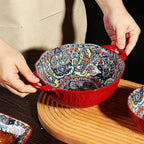 2 Pack Boho Ceramic Serving Bowls with Handles, 40 Oz Porcelain Salad Bowls, Large Serving Dishes for Entertaining, Mixing Bowls for Soup, Stew, Pasta, Cereal, Colorful Embossed Cute Bowls Set SH