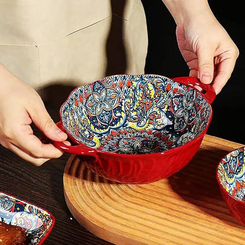 2 Pack Boho Ceramic Serving Bowls with Handles, 40 Oz Porcelain Salad Bowls, Large Serving Dishes for Entertaining, Mixing Bowls for Soup, Stew, Pasta, Cereal, Colorful Embossed Cute Bowls Set SH