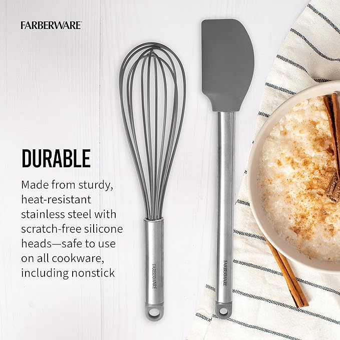 Farberware Professional 2 Piece Baking Set with Stainless Steel Wire Whisk and Stanless Steel Handle, Grey Silicone Head Spatulas For Beating, Blending, Mixing, and Scraping