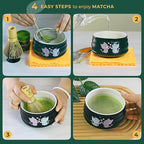 Matcha Gift Set 6 Pcs – Ceramic Bowl, Bamboo Whisk, Whisk Holder, Scoop, Sifter & Cloth – Traditional Japanese Set for Green Tea by Aprika Matcha (Black with Cats)
