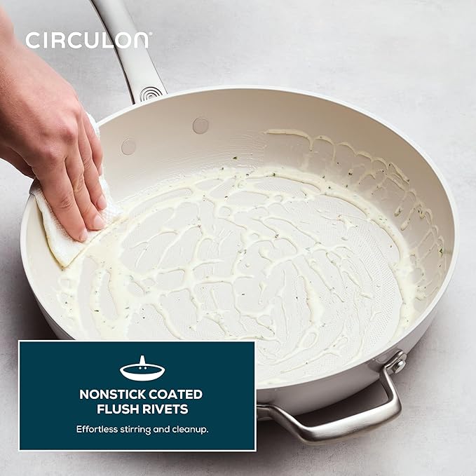 Circulon Halo with LaserDefense Ceramic Nonstick Frying Pan with Helper Handle and Lid, Made without PFAS, Compatible with All Stovetops, Dishwasher and Oven Safe, 12 Inch Skillet - Pearl White