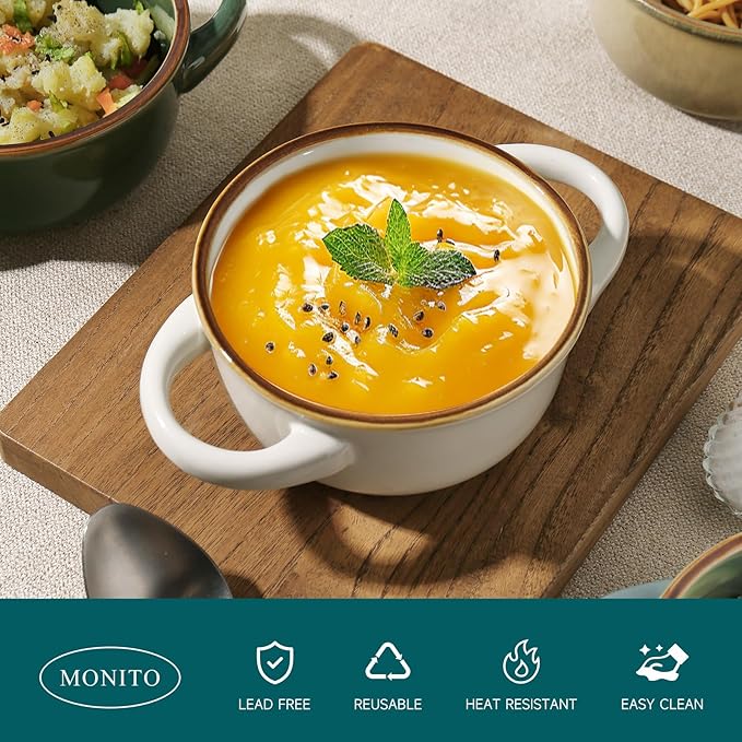 MONITO Ceramic Salad Bowl with Handles, 16 oz French Onion Soup Bowls, Ceramic Soup Bowls for Cereal, Pasta, Chilli, Beef Stew, Stackable Serving Bowl Set of 4 (16 OZ)