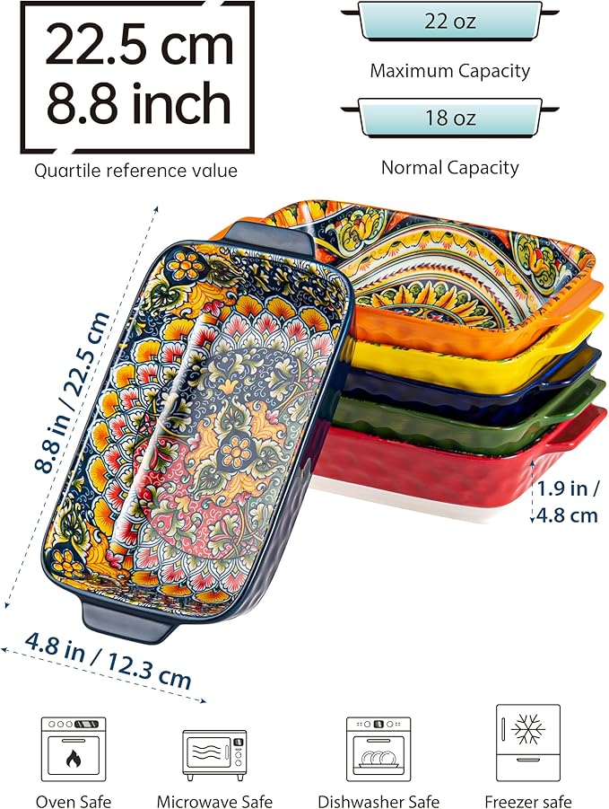 Henten Home Porcelain Rectangular Bowls with Handle - 20 oz Ceramic Pasta Bowls Set of 6, Colorful Bohemian Style Serving Dishes for Salad, Risotto, Oven,Microwave & Dishwasher Safe