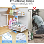 Under Sink Organizer, 2 Tier Pull Out Under Cabinet Organizer Shelf with Pad for Framed Cabinets, Metal Slide Out Under Sink Storage, Mesh Sliding Drawers for Kitchen Bathroom Laundry(White, 1 Pack)