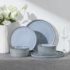 E-far Stoneware Dinnerware Sets for 2, 6-Piece Plates and Bowls Sets, Chip & Scratch Resistant Ribbed Dish Set for Home Restaurant, Microwave & Dishwasher Safe, Dusty Blue