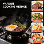 13.5" Carbon Steel Wok Pan - Pre-Seasoned Flat Bottom Woks & Stir-fry Pans Chinese Cookware with Lid & Spatula - For Pan-fry,Stir Fry, Steam, BBQ & Camping - Compatible with Induction, Gas