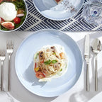 KINGSTONE 24-Piece Bone China Dinnerware Set for 8, Lightweight Porcelain Round Plates and Bowls Set, Durable Scratch Resistant Ceramic Dinner Set, Microwave & Dishwasher Safe, Misty Blue