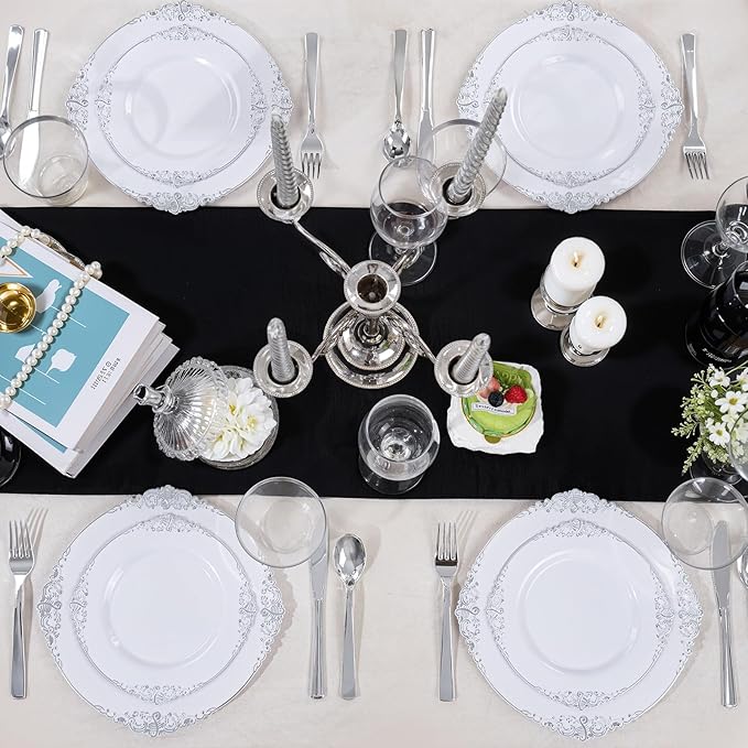 Hioasis 300pcs White and Silver Plastic Plates - Disposable Dinnerware Set Suitable for 50 Guests Include 10.25" Dinner & 7.5" Dessert Plates,Silverware Set, Cups for Weddingr(NO Napkins Included)