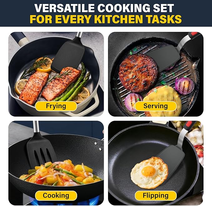 3 Pcs Silicone Spatula Set, Heat Resistant Solid & Slotted Turner for Non-Stick Pans, Silicone Cooking Utensils Set, BPA-Free, Flexible Spatula Turner for Flipping Eggs, Burgers, Pancakes, Black