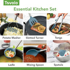 Tovolo Silicone Cooking Utensil Set of 6 Blue Slate Ladle Slotted Turner Tongs Flex Core Spatula Scraper Mixing Spoon and Potato Masher, Dishwasher Safe BPA Free Silicone Kitchen Utensils
