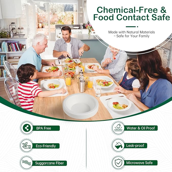 12 oz 128-Pack Compostable Soup Bowls, Disposable Paper Bowls for Soup, Cereal & Oatmeal, Heavy-Duty Bagasse Bowls, Microwave & Freezer Safe, Eco-Friendly (White)