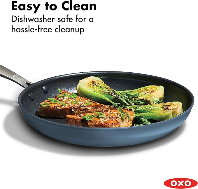OXO Enhanced 12” Nonstick Frying Pan Skillet with Lid, Ceramic PFAS-Free Cookware, Durable Hard Anodized, Scratch Resistant, Stainless Steel Handle, Eggs & Omelets, Dishwasher & Oven Safe, Storm Blue