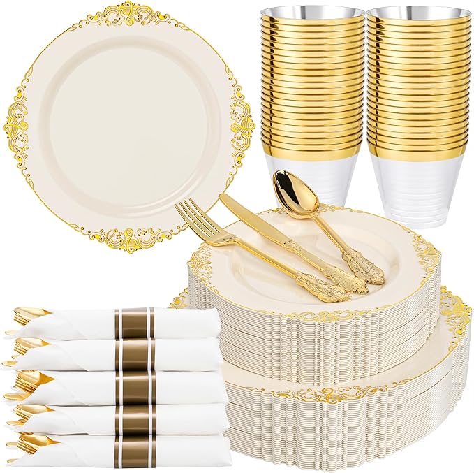 Nervure 175PCS Ivory Plastic Plates - Ivory Gold Plastic Dinnerware Sets for 25 Guests - 50 Gold Disposable Plates, 25 Pre Rolled Cutlery Set, 25 Cups Perfect for Wedding, Party