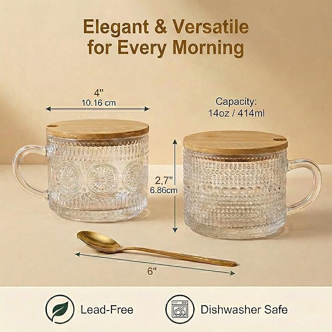 JBHO Vintage Glass 14OZ Coffee Mugs 4pcs Clear Embossed Glass Cups with Bamboo Lids and Spoons Gifts for Women Overnight Containers for Tea,Cereal,Cappuccino, Latte