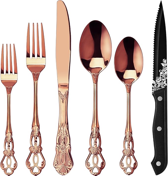 Runfly Retro Royal Rose Gold/Copper 48 Pieces Flatware Set, Gorgeous Silverware Set For 8, Anti-rust Stainless Steel dark Cutlery Set Utensils Including Fork Spoon and Knife