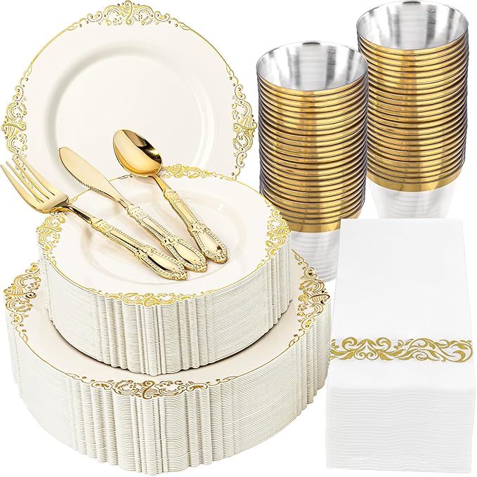 Morejoy 350 PCS Lvory Plastic Plates - Lvory Gold Plastic Dinnerware Set Include 50Dinner Plates, 50Dessert Plates 150Cutlery, 50Cups, 50Napkin Perfect for Party & Wedding