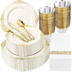 Morejoy 350 PCS Lvory Plastic Plates - Lvory Gold Plastic Dinnerware Set Include 50Dinner Plates, 50Dessert Plates 150Cutlery, 50Cups, 50Napkin Perfect for Party & Wedding