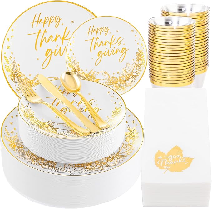 Hioasis 175pcs Thanksgiving Plastic Plates - Elegant Disposable Dinnerware Set Suitable for 25 Guests Include 10.25" Dinner & 7.5" Dessert Plates, Knives,Forks,Spoons, Cups,Napkins for Thanksgiving