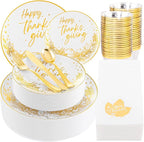 Hioasis 175pcs Thanksgiving Plastic Plates - Elegant Disposable Dinnerware Set Suitable for 25 Guests Include 10.25" Dinner & 7.5" Dessert Plates, Knives,Forks,Spoons, Cups,Napkins for Thanksgiving
