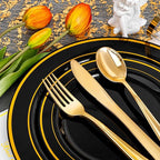 bUCLA 150 Pieces Black and Gold Disposable Dinnerware Set - 25 Guests Black Gold Plastic Plates Include 25 Dinner & 25 Dessert Plates, 25 Spoons, 25 Forks, 25 Knives, 25 Cups for Party & Graduation