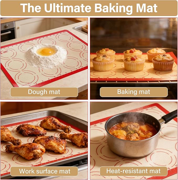 Silicone Baking Mat Set, GUANCI Grade Food Baking mats Non-Stick Reusable Pizza Bakeware Mat for Making Macaroon, Pizza, Cookie, Pastry, Bread, Brown (2PCS-RD)