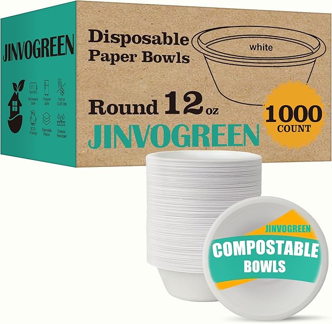JINVOGREEN 1000 Count 12 oz Paper Bowls, Disposable Compostable Bowls Bulk, Heavy Duty Biodegradable Bagasse Bowl for Snacks, Soup, and Salads, White