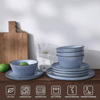 Famiware Plates and Bowls Sets, Annecy Stoneware Dinnerware Sets for 8, 24 Pieces Dish Set, Plate with Lip Edge, Reactive Glaze Tableware - Microwave & Dishwasher Safe, Reactive Blue