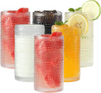 Vintage Hobnail Drinking Glasses Set of 6, 16 oz Large Capacity Embossed Clear Tumblers, Highball Glasses for Water, Cocktail, Beer, Whiskey, Kitchen & Bar Use