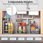 Liuoud Under Sink Organizer 2 Pack, 2 Tier Slide Out Large Capacity Height Adjustable Under Sink Organizers and Storage for Kitchen Bathroom Cabinet, Grey
