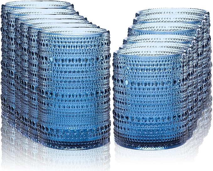 Vintage Blue Hobnail Drinking Glasses with Straws, 15oz & 12oz Embossed Highball Glassware for Cocktails, Whiskey, Beer, Juice(Set of 12)