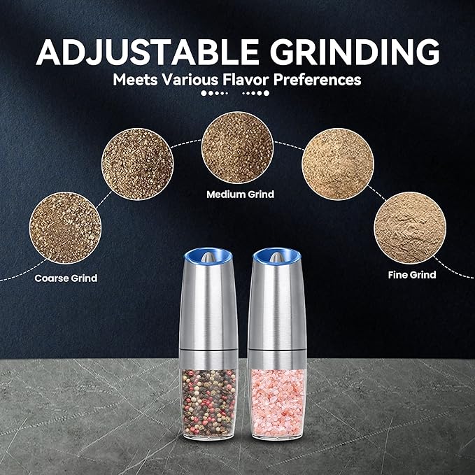 Gravity Electric Salt and Pepper Grinder set of 2, Automatic Salt And Pepper Grinder Set, Adjustable Roughness, Battery Powered, LED Light, 2 Pack, (Silver)